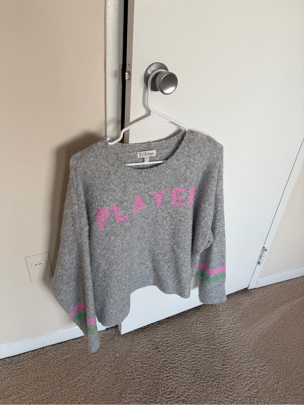 Z Supply Gray Crewneck Sweater with Pink 'PLAYER' and Pink-Green Sleeve Stripes